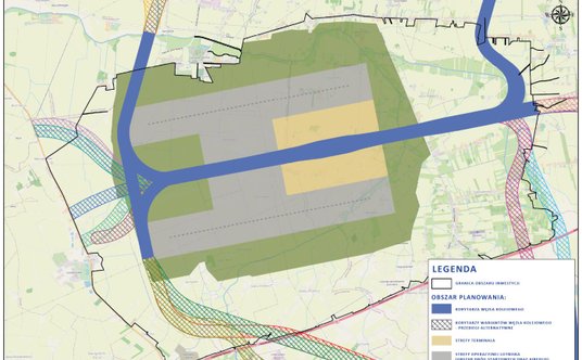 Preferowana lokalizacja lotniska Solidarność z korytarzami wariantów węzła kolejowego