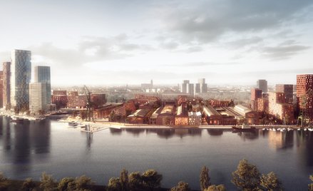 Wizualizacja zrewitalizowanego terenu Stoczni Cesarskiej w Gdańsku. Projekt umożliwiający budowę m.i