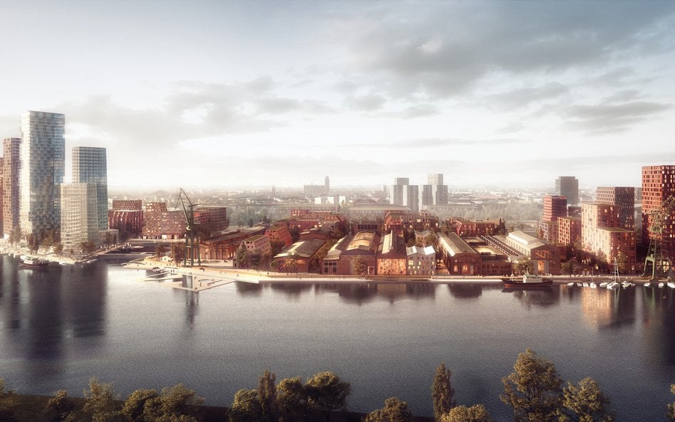 Wizualizacja zrewitalizowanego terenu Stoczni Cesarskiej w Gdańsku. Projekt umożliwiający budowę m.i