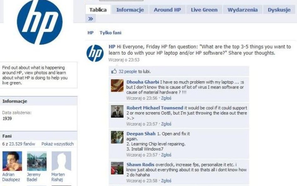 Strona firmy HP na Facebooku. Firma wypytuje konsumentów o 3-5 rzeczy, których chcieliby się dowiedz