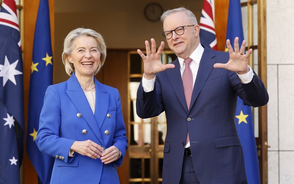 Ursula von der Leyen, przewodnicząca KE i Anthony Albanese, premier Australii. Unia Europejska i Aus