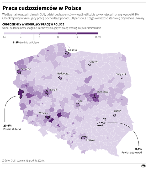 Według GUS liczba cudzoziemców wykonujących w Polsce pracę w końcu grudnia 2024 roku wyniosła 1.064,