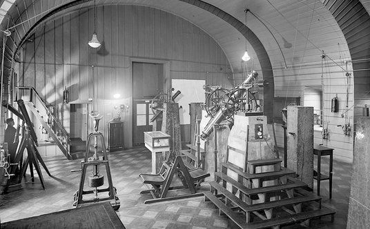 1933 r. Sala południkowa w Obserwatorium Astronomicznym Uniwersytetu Warszawskiego; widoczne są dwa 