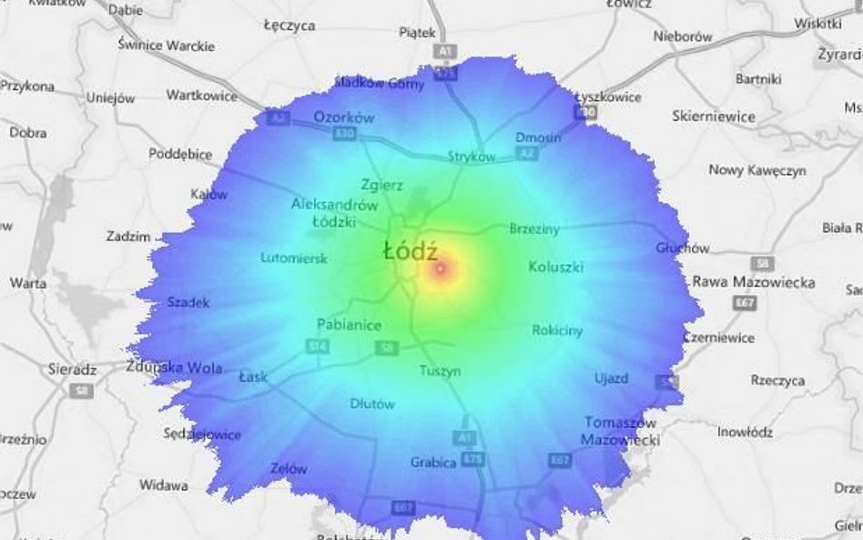 Mapa zasięgu cyfrowego radia naziemnego DAB+ w Łodzi