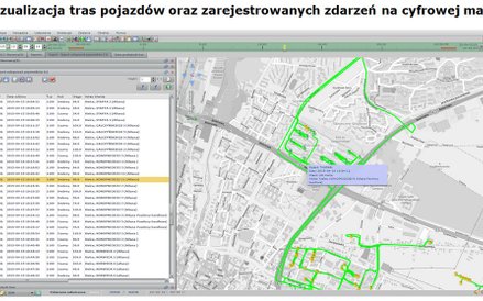 Wizualizacja tras pojazdów i zarejestrowanych zdarzeń na cyfrowej mapie