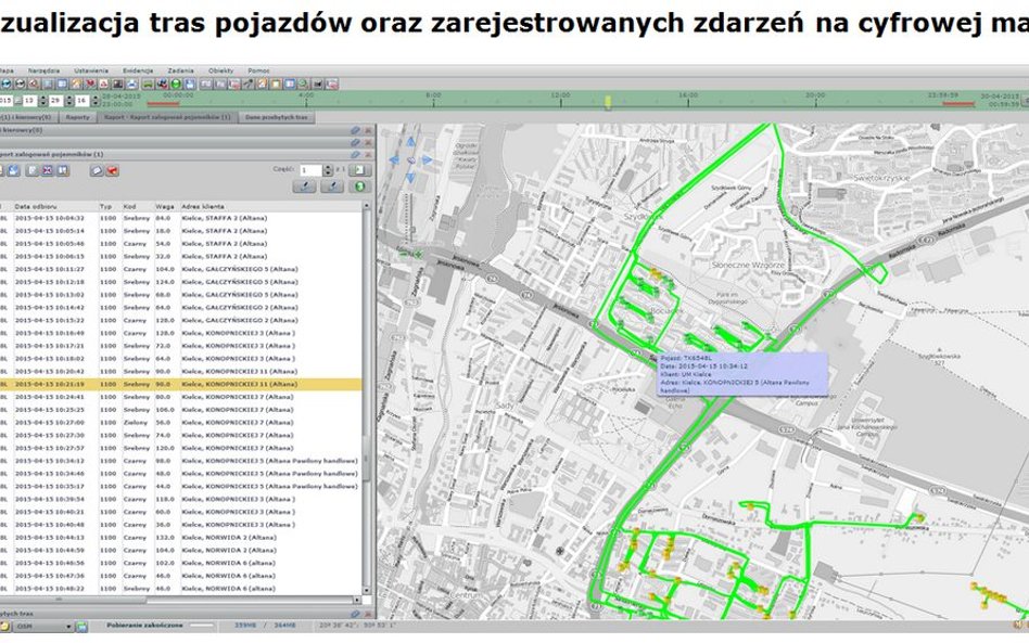 Wizualizacja tras pojazdów i zarejestrowanych zdarzeń na cyfrowej mapie