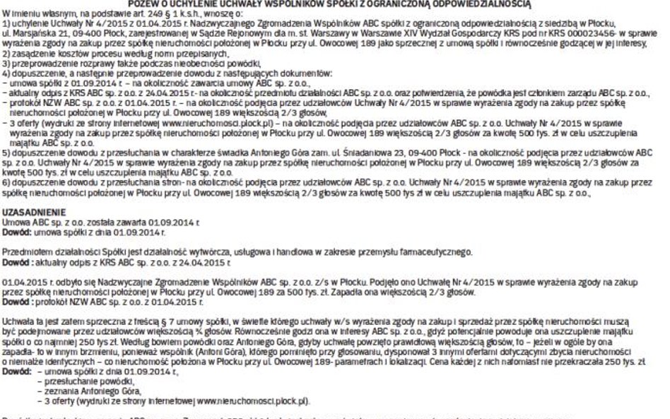 Wzór pozwu o uchylenie uchwały wspólników sp. z o.o.