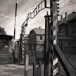 Brama główna niemieckiego nazistowskiego obozu koncentracyjnego Auschwitz-Birkenau – z napisem „Arbe