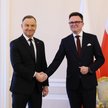 Prezydent Andrzej Duda i marszałek Sejmu Szymon Hołownia na spotkaniu w Pałacu Prezydenckim