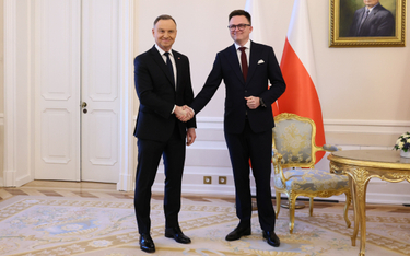 Prezydent Andrzej Duda i marszałek Sejmu Szymon Hołownia na spotkaniu w Pałacu Prezydenckim