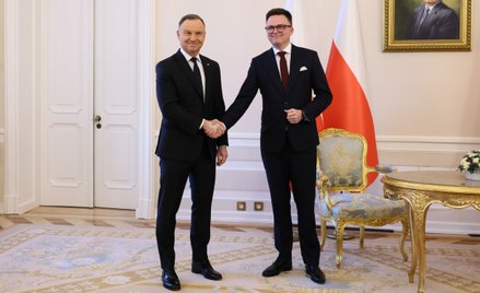 Prezydent Andrzej Duda i marszałek Sejmu Szymon Hołownia na spotkaniu w Pałacu Prezydenckim