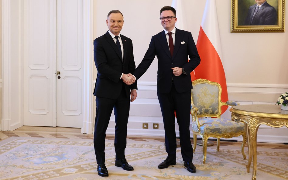 Prezydent Andrzej Duda i marszałek Sejmu Szymon Hołownia na spotkaniu w Pałacu Prezydenckim