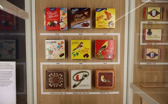 Uwagę zwiedzających przyciągają opakowania "Ptasiego mleczka" zmieniające się przez lata