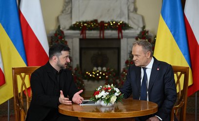 Prezydent Ukrainy Wołodymyr Zełenski premier Donald Tusk podczas spotkania w Kancelarii Prezesa Rady