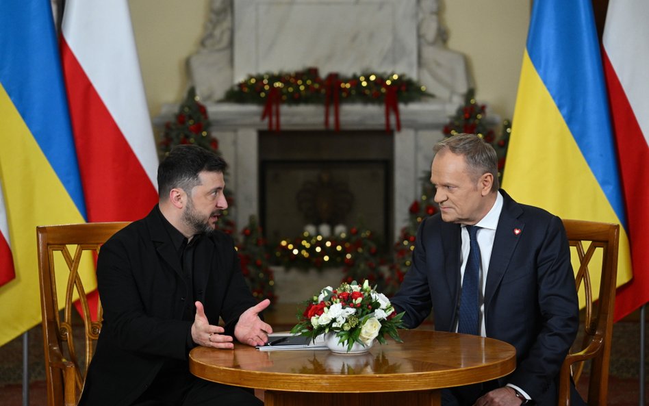 Prezydent Ukrainy Wołodymyr Zełenski premier Donald Tusk podczas spotkania w Kancelarii Prezesa Rady