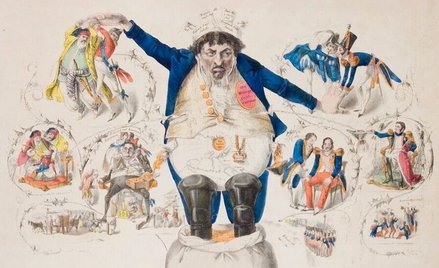 Die Generalpumpe – pieniężna pompa ssąco-tłocząca. Niemiecka karykatura rodu Rothschildów z lat 40. 