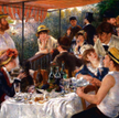 Śniadanie wioślarzy (1880–1881): szampan musuje, kobiety mrużą oczy, Gustave Caillebotte (pierwszy z