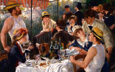 Śniadanie wioślarzy (1880–1881): szampan musuje, kobiety mrużą oczy, Gustave Caillebotte (pierwszy z