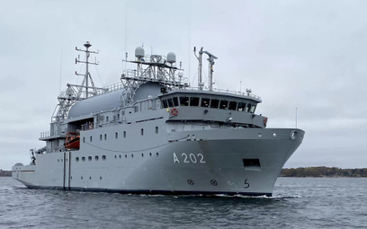 Nowy szwedzki okręt rozpoznania radioelektronicznego Artemis podczas prób morskich.