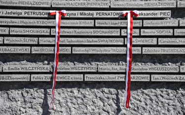 Tabliczki z nazwiskami Polaków ratujących Żydów na ścianie pamięci przy Muzeum Polaków Ratujących Ży