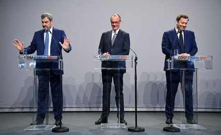 Lider CDU Friedrich Merz, lider CSU Markus Soeder i współprzewodniczący SPD Lars Klingbeil