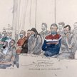 Rysunek z sali sądowej w Paryżu: 14 oskarżonych, pierwszy z prawej Salah Abdeslam
