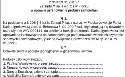 Wzór uchwały ws. ustanowienia prokury samoistnej