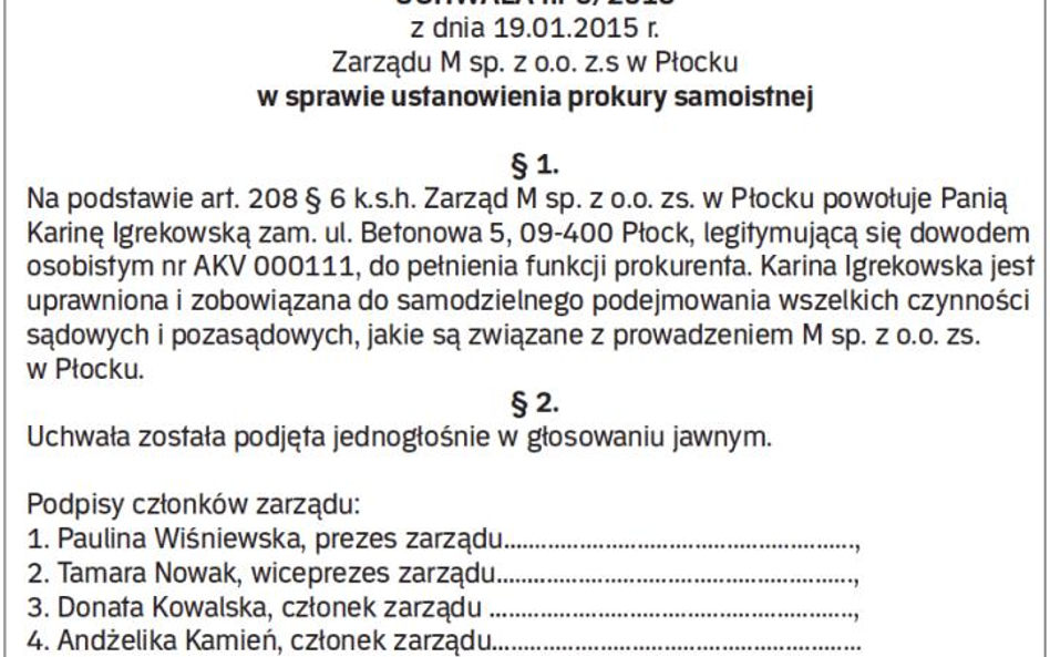 Wzór uchwały ws. ustanowienia prokury samoistnej