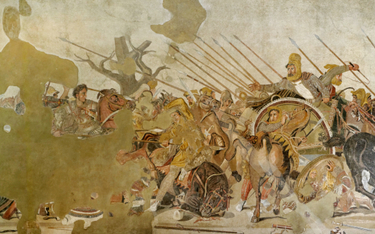 Rekonstrukcja mozaiki przedstawiającej szarżę Aleksandra w kierunku rydwanu Dariusza III w czasie bi