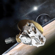 Artystyczne przedstawienie sondy New Horizons zbliżającej się do powierzchni Plutona