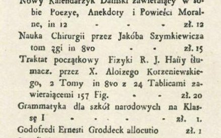 Ogłoszenie zamieszczone na ostatnich stronach książki Jędrzeja Śniadeckiego „Początki chemii dla uży