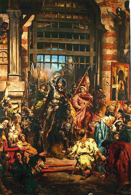 Jan Matejko, „Bolesław Chrobry ze Świętopełkiem przy Złotej Bramie w Kijowie” (w czasie wyprawy w 10