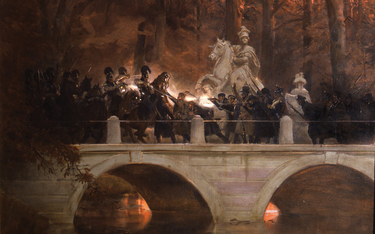 „Starcie belwederczyków z kirasjerami rosyjskimi na moście w Łazienkach”, obraz Wojciecha Kossaka