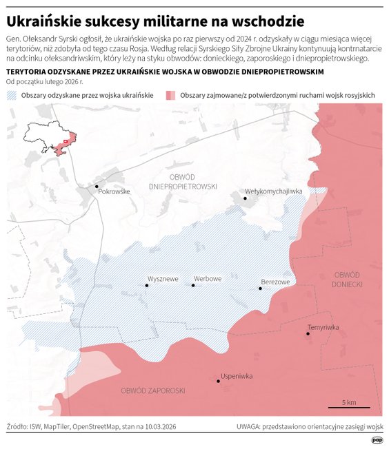 Terytoria odzyskane przezz ukraińskie wojska w obwodzie dniepropietrowskim (MAPA, stan na 10 marca)