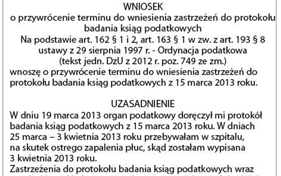 Wniosek o przywrócenie terminu do wniesienia zastrzeżeń