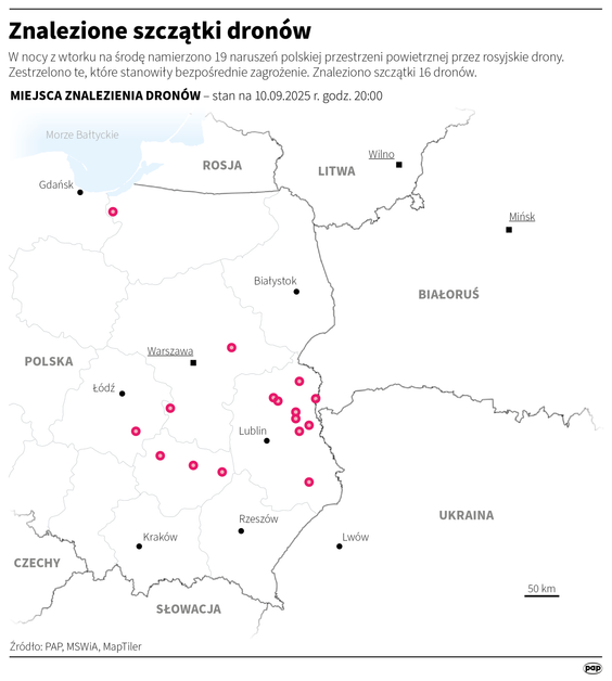 Znalezione szczątki dronów, stan na 10.09.2025 r., godzina 20:00