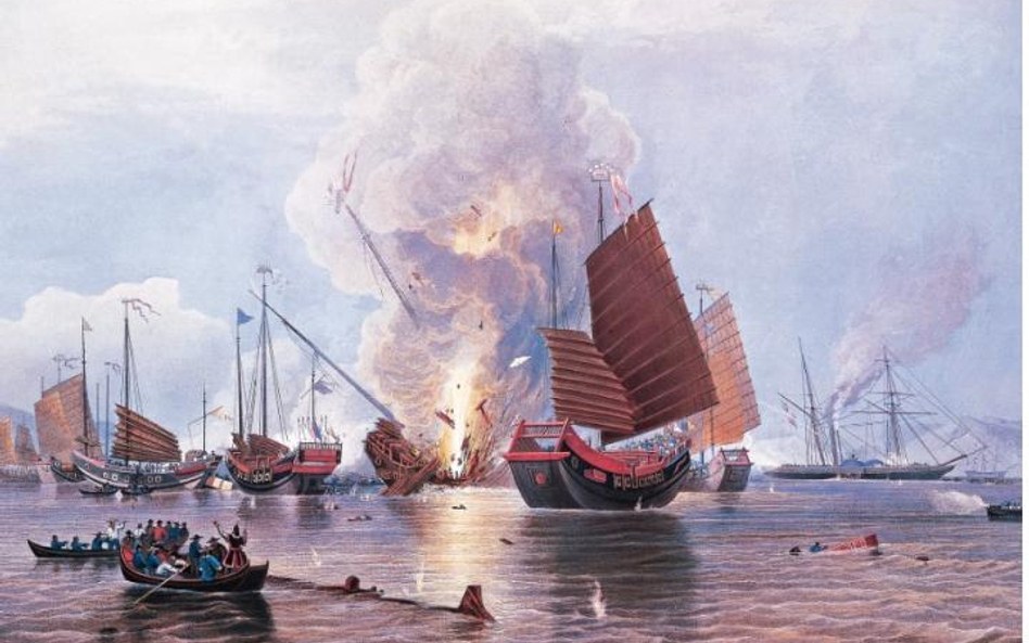 Pierwsza wojna opiumowa: brytyjskie statki niszczą flotę wroga w Kantonie, 1841 r.