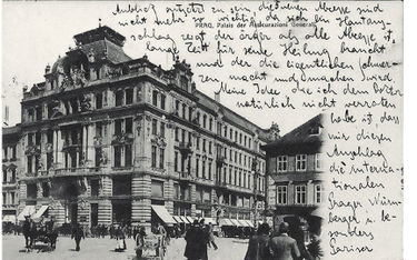 Pocztówka z widokiem praskiej siedziby Assicurazioni Generali, jedna z trzech wysłanych przez Kafkę 