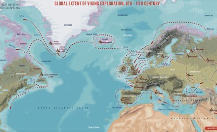 Mapa pokazuje, że wikingowie po przeprawieniu się przez Bałtyk dalej podróżowali rzekami, a nawet lą