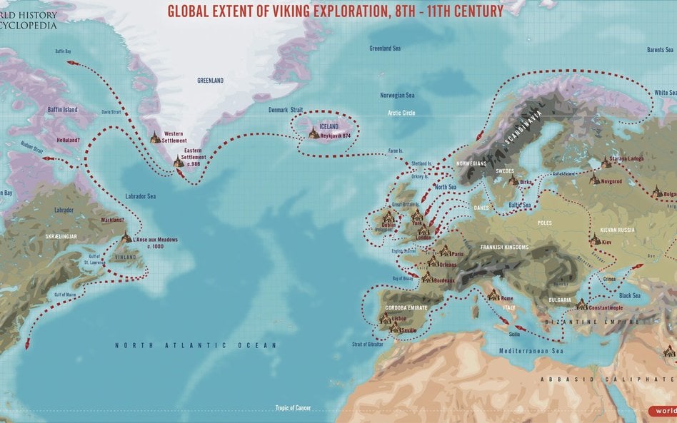 Mapa pokazuje, że wikingowie po przeprawieniu się przez Bałtyk dalej podróżowali rzekami, a nawet lą