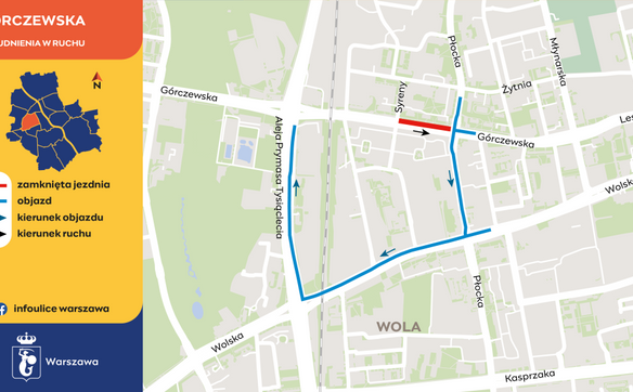Infografika przedstawia zamknięty z powodu awarii ciepłowniczej fragment jezdni ulicy Górczewskiej, 