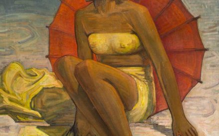 Henryk Plich "Blondynka z czerwonym parasolem"