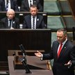 Prezydent Karol Nawrocki przemawia na sali posiedzień Sejmu 6 sierpnia 2025 r.