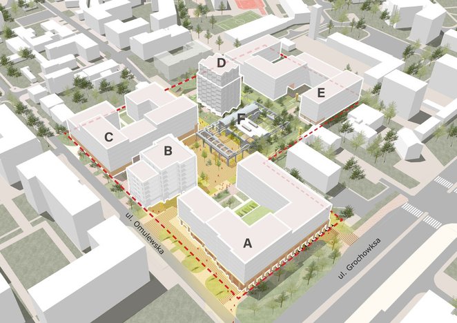 Całość została zaprojektowana tak, aby wpisać się w istniejącą skalę zabudowy Grochowa i nawiązać do