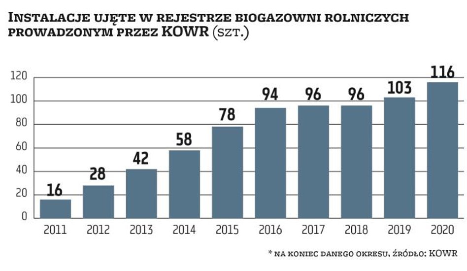 Na koniec 2020 r. funkcjonowało w Polsce 116 biogazowni rolniczych, należących do 99 podmiotów. Jak 