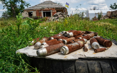 Fragmenty amunicji zgromadzone na podwórku zniszczonego domu we wsi Dowhenka w obwodzie charkowskim