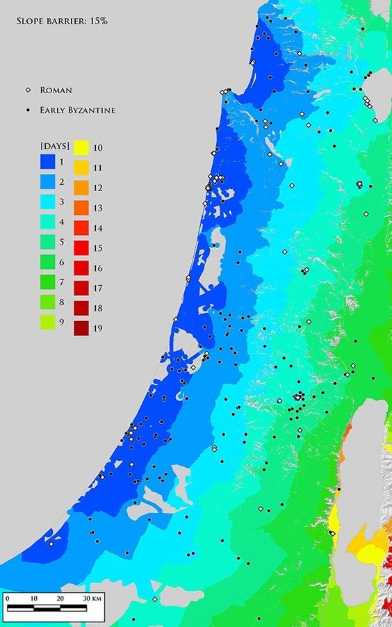 Mapa stref kosztów transportu z barierami absolutnymi wynikającymi z nachylenia stoków na poziomie 1