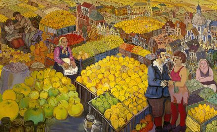 Edward Dwurnik „Klęska urodzaju”, akryl i olej na płótnie, 1975. Jedna z wielkoformatowych prac prez