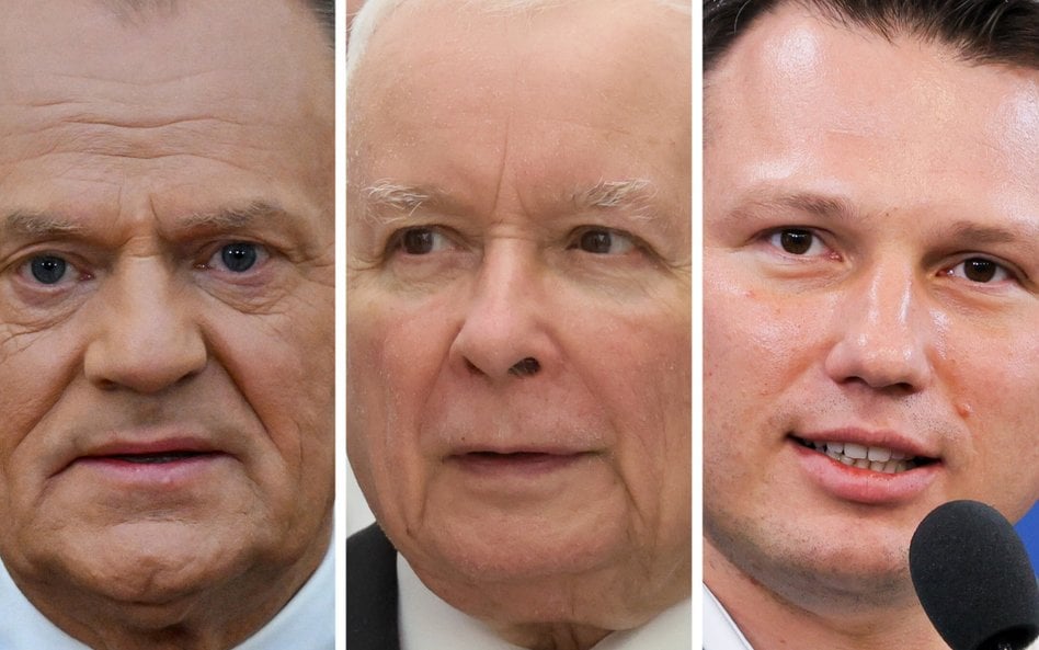 Premier RP, przewodniczący KO Donald Tusk, prezes PiS Jarosław Kaczyński oraz Sławomir Mentzen, prez