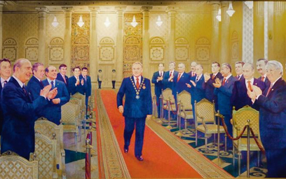 „Inauguracja prezydenta Nursułtana Nazarbajewa” (2006 r., płótno, autor nieznany). Warto odnotować, 